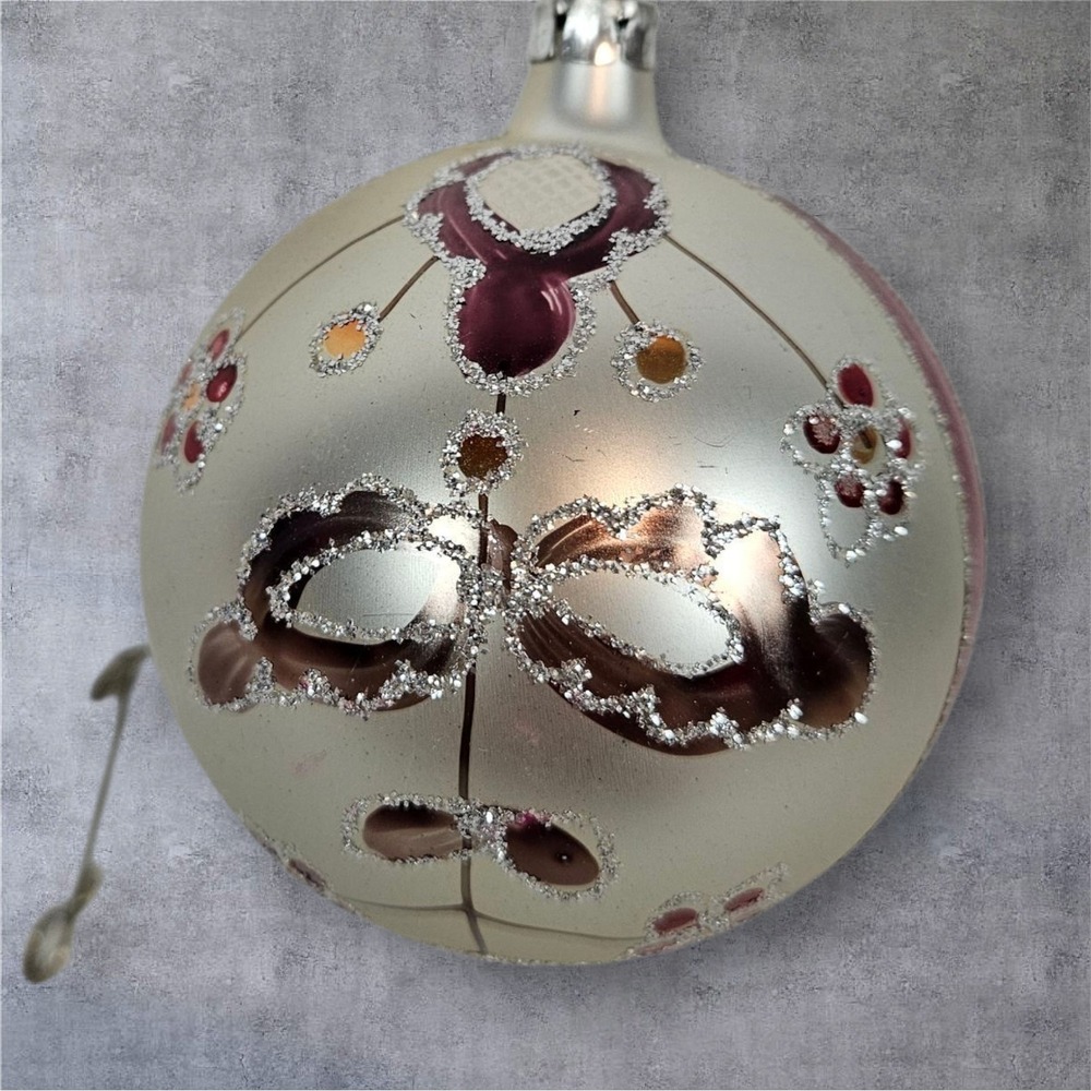Vintage Silver‎ Christmas Ornament Round Glass Floral Embellished Decoration